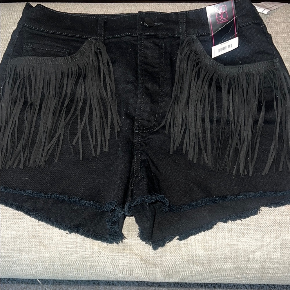 NOBO Black Jean Shorts with Fringe Detailing